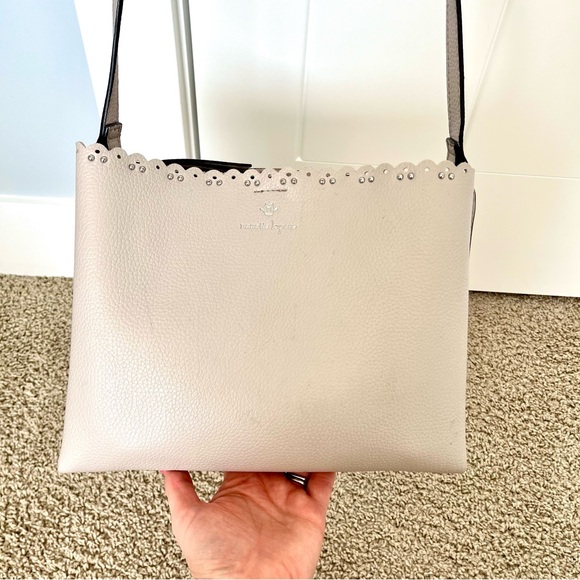 Nanette Lepore Scalloped Edge Studded Pebbled Grey Adjustable Strap Zipper Purse - Picture 2 of 16